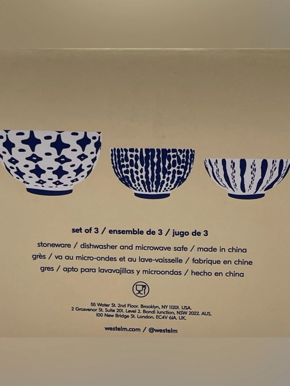 West Elm Indigo Tie Dye Nesting Bowls Set of 3 Stoneware Blue White
